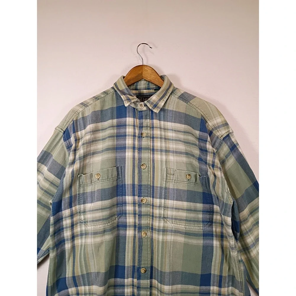 Rustic Grunge Jos J Oliver Mens XL Green Blue Plaid Cotton Flannel Button Shirt